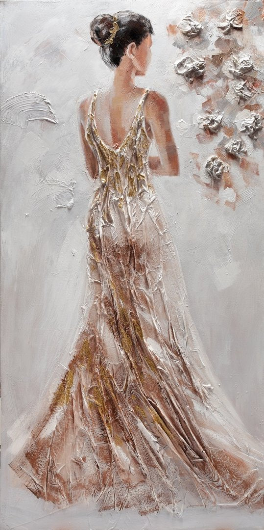 Nainen vaaleassa puvussa 80 x 160 cm